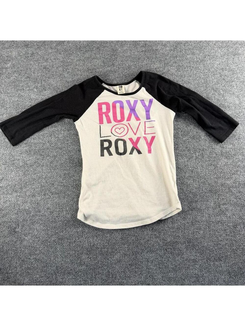 Y2K Roxy Large Black White Raglan Sleeve‎ Baseball Shirt - Skater, Surf, Casual